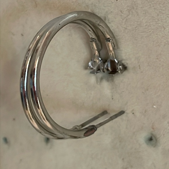 1 1/8” silver tone hoop earrings with Omega back closures - Picture 7 of 10